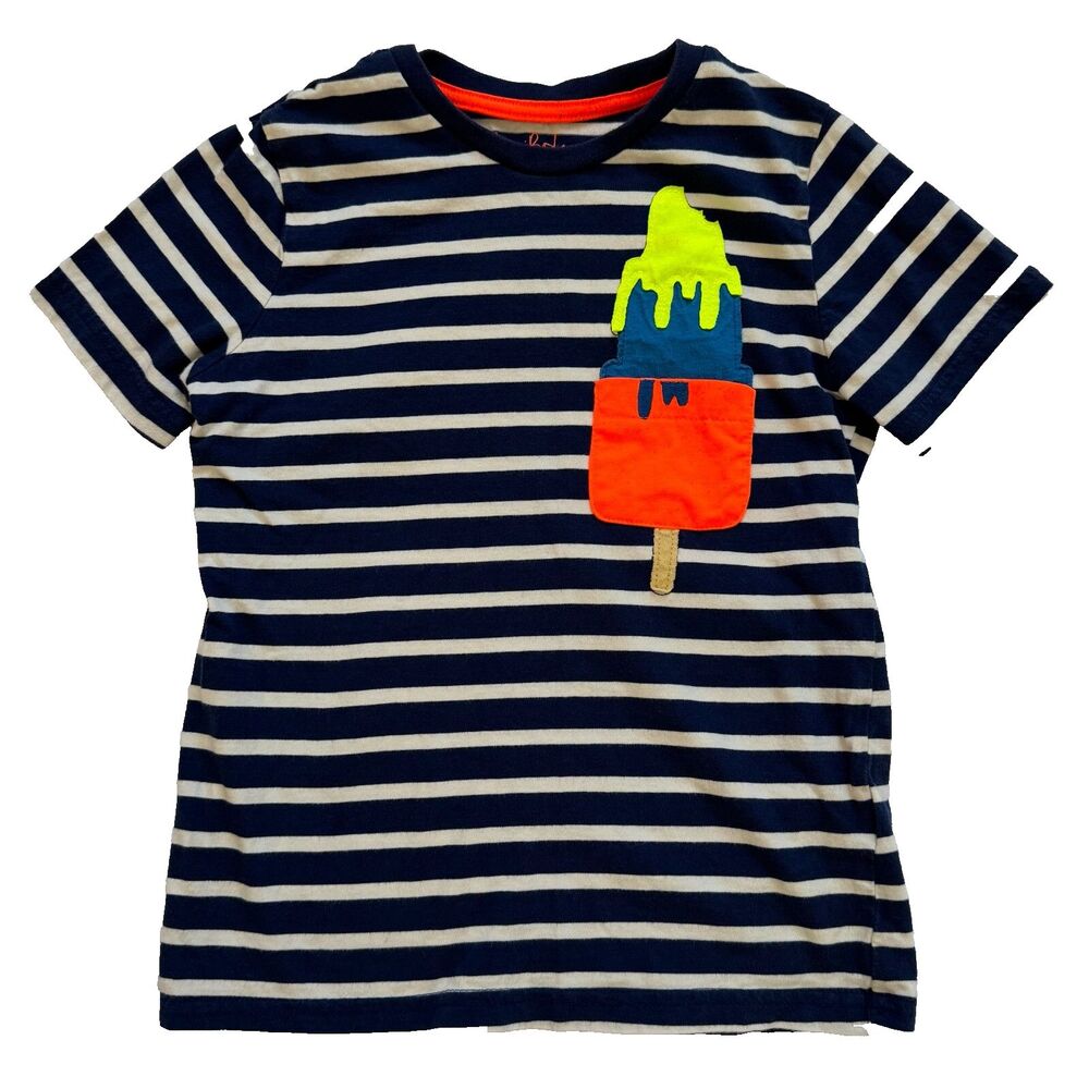 Mini Boden graphic t-shirt Kids 7/8 popsicle appliqué blue stripes school play